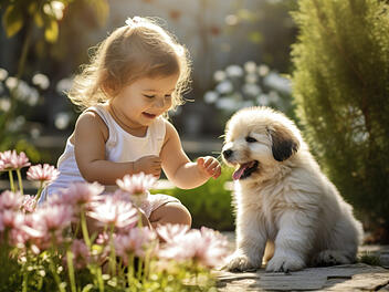 Kind, Hund, Garten, Blumen, Pflanzen