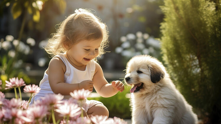 Kind, Hund, Garten, Blumen, Pflanzen