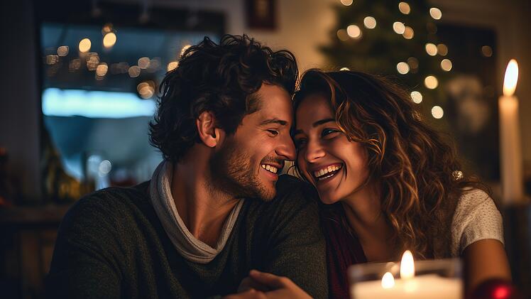 Happy young couple having dinner at home for Christmas