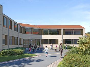 Hell gestaltet wird die Fassade der Mittelschule in Richtung Pausenhof sein. Grafik: Roth und Partner Architekten