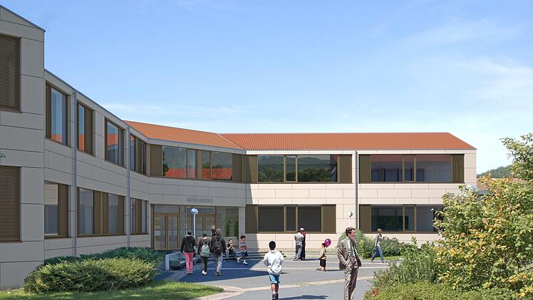 Hell gestaltet wird die Fassade der Mittelschule in Richtung Pausenhof sein. Grafik: Roth und Partner Architekten