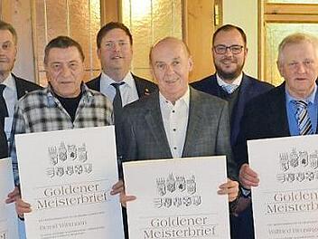 Die Kreishandwerkerschaft vergibt acht Goldene Meisterbriefe (von links): Peter Feyler, Thomas Zimmer, Ulrich Rose, Bernd Köhler, Bernd Wittmann, Jens Beland, Helmut Fischer, Sebastian Straubel, Willfried Heusinger, Norbert Tessmer, Rainer Böhm und Dietmar Scheler.  Foto: Gabi Bertram