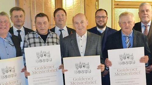 Die Kreishandwerkerschaft vergibt acht Goldene Meisterbriefe (von links): Peter Feyler, Thomas Zimmer, Ulrich Rose, Bernd Köhler, Bernd Wittmann, Jens Beland, Helmut Fischer, Sebastian Straubel, Willfried Heusinger, Norbert Tessmer, Rainer Böhm und Dietmar Scheler.  Foto: Gabi Bertram