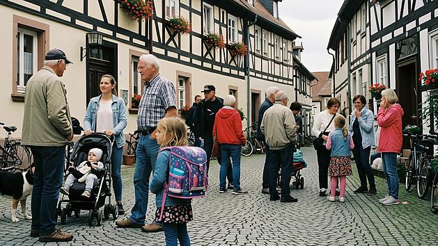 Eine Gruppe von Menschen unterschiedlichen Alters in einem fränkischen Dorf. Manche unterhalten sich.