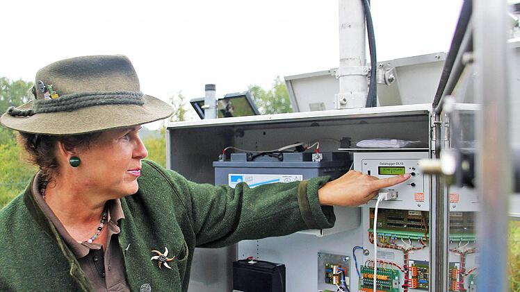 Die Waldklimastation bei Ebrach ist seit dieser Woche wieder aktiv. Brigitta Weikhart betreut die Station. Foto: Sebastian Martin