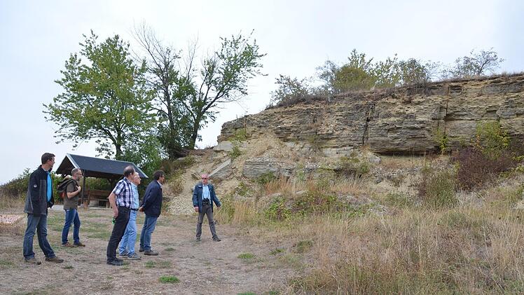 Frank Reißenweber (rechts) erklärt Teilnehmern der LPV-Exkursion den Wert des Steinbruchs am Fechheimer Berg für den Naturschutz und zeigt auf, wie der Verband dort gezielt die Natur fördert. Rainer Lutz