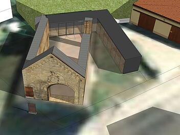 Die Planung für die Katharinenkapelle sieht einen Rückbau auf die historischen Teile und den Anbau eins Dokumentationszentrums (im Bild der Baukörper in L-Form) vor.Entwurf: Architekturbüro Schaller und Partner