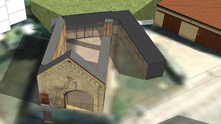 Die Planung für die Katharinenkapelle sieht einen Rückbau auf die historischen Teile und den Anbau eins Dokumentationszentrums (im Bild der Baukörper in L-Form) vor.Entwurf: Architekturbüro Schaller und Partner