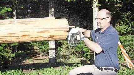 Schon vor einigen Wochen wurde ein neuer Stamm für den Maibaum vorbereitet. Stellvertretender Vorsitzender Lothar Hillenbrand ließ dabei die Sägespäne fliegen. Foto: Arnold Nöth