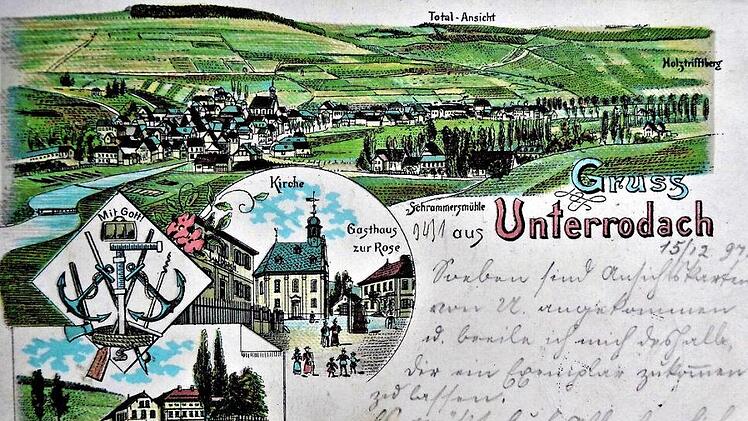 Seit Jahrhunderten ist Unterrodach von der Flößerei geprägt. Die Postkarte von 1897 stellt eine absolute Rarität dar und zeigt recht deutlich die Bedeutung dieses Broterwerbs für die Bevölkerung. Interessant ist auch der Blick zur Michaeliskirche. Repro: Gerd Fleischmann