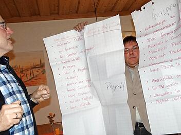Die Blasmusik Kraisdorf ist auf ein harmonisches Miteinander im Orchester aus. Lob und Kritik schriftlich zu äußern, steht dabei auf der Tagesordnung. Am Probenwochenende in Bad Langensalza gab es für diese Themen ausreichend Zeit. Dirigent Gerhard Eller (l.) und Vorsitzendem Herbert Schönmann liegt viel daran, für jedes Problem eine Lösung zu finden. Fotos: Johanna Eckert