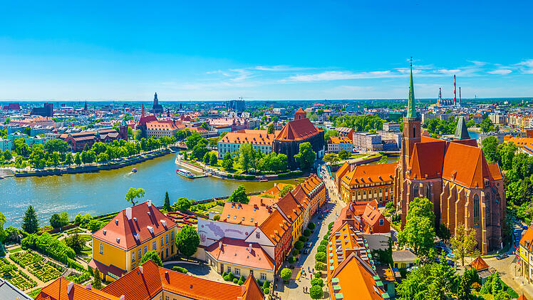 Aerial view of Wroclaw with church of our lady of the sand and church of the Holy Cross and St Bartholomew, Poland