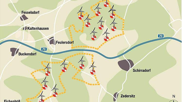 16 Windräder sehen die Planungen der Firma Prokon für den Windpark bei Wonsees vor.