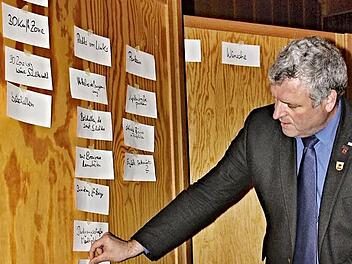 Bürgermeister Jürgen Hennemann (Foto) erarbeitet bei der Bürgerversammlung mit den Versammlungsteilnehmern mögliche Lösungen, vor allem für das innerstädtische Verkehrskonzept und fixierte die Vorschläge an einer Pinnwand.  Foto: Helmut Will