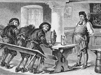 Bierprobe in alter Zeit. Mit dem technischen Fortschritt und den daraus resultierenden modernen Analyseverfahren verschwand zunehmend diese Prüfmethode mit dem Hosenboden und geriet in Vergessenheit. Repros: Ludwig Leisentritt