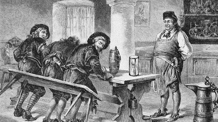 Bierprobe in alter Zeit. Mit dem technischen Fortschritt und den daraus resultierenden modernen Analyseverfahren verschwand zunehmend diese Prüfmethode mit dem Hosenboden und geriet in Vergessenheit. Repros: Ludwig Leisentritt