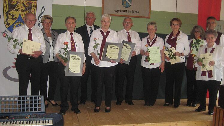 Sie wurden für 25, 50 und 60 Jahre aktives Singen geehrt. Mit auf dem Bild: Bürgermeisterin Weber (hintere Reihe erste von links), Bernhard Zipfel (hintere Reihe zweiter von links) und Hermann Neubauer (hintere Reihe rechts).