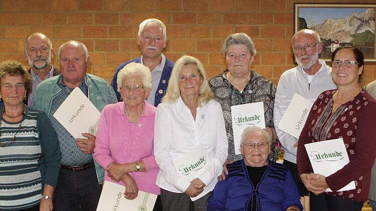 Kurt Hiebel (von links), Imrgard Heinrich, Vorsitzender Robert Hildmann,  Walter Ziegler, Lydia Klug, Erwin Muth, Anne Adam, Veronika Becker, Günter Planer und sitzend  Ehrenvorsitzende Alma Kammerer  Foto: Thomas Dill