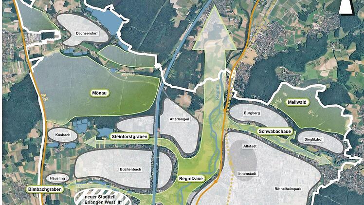 Schraffiert ist in dieser Skizze der Stadt das mögliche neue Baugebiet zu erkennen. Grafik: Stadt Erlangen