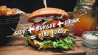 Der Mittags-Deal immer montags bis freitags: Burger + Beilage + Getränk für nur 11,90 Euro. Foto: BURGERHEART