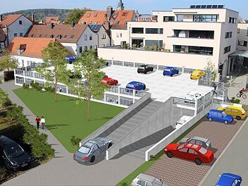 Dort wo bereits Parkplätze sind, könnten mit einer platzsparenden "Paletten"-Lösung neue Stellplätze entstehen. Visualisierung: Landratsamt Forchheim