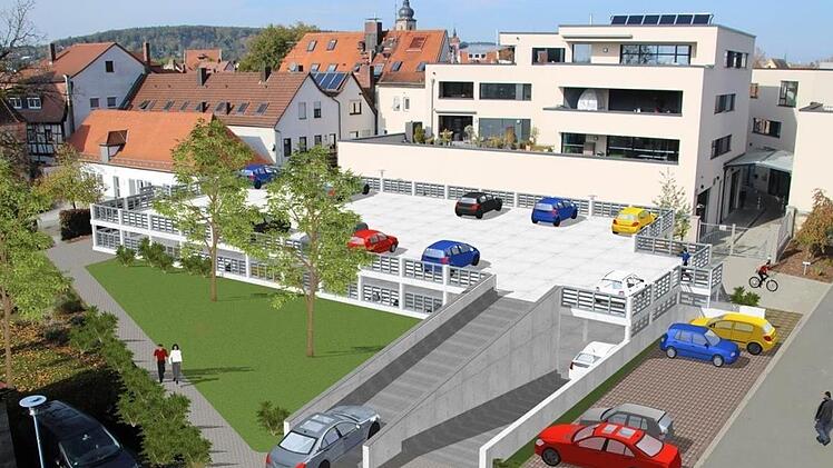 Dort wo bereits Parkplätze sind, könnten mit einer platzsparenden "Paletten"-Lösung neue Stellplätze entstehen. Visualisierung: Landratsamt Forchheim