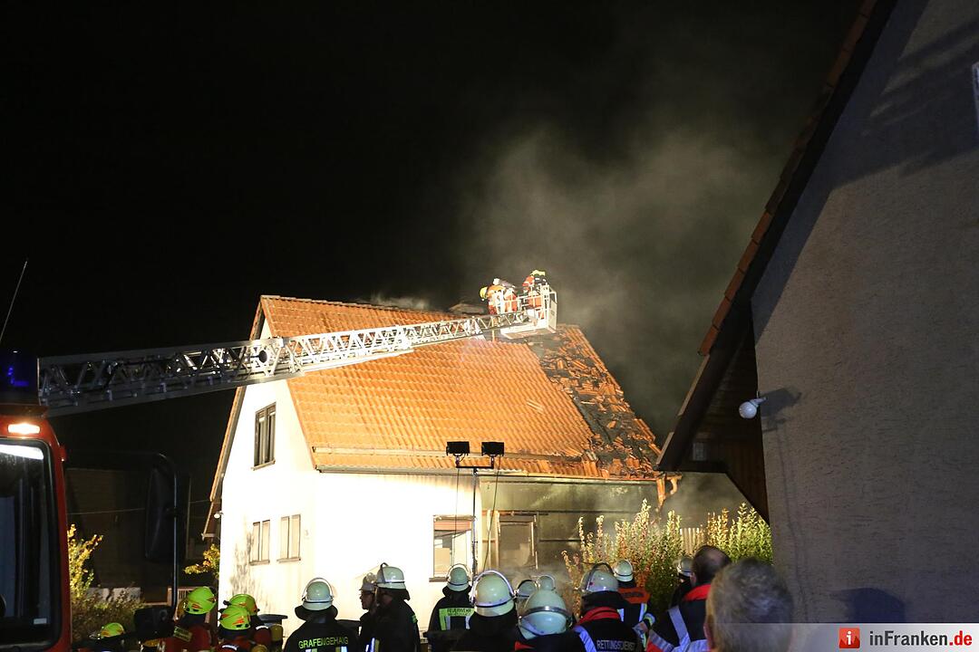 Brennender Pkw greift auf Wohnhaus ueber - Dachstuhlbrand