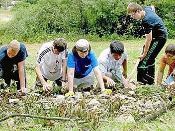 Für ihr Kunstwerk auf einer Wiese neben der Lebenshilfe Haßberge in Sylbach legen sich die Berufsschul-stufenschüler (von rechts: Michelle, Michael, Bastian, Toni, Diana, Karsten und Bobby) ganz schön ins Zeug. Für die Spirale werden Äste, Zweige, Steine, Gräser und Blüten gebraucht. Links ist die Referendarin Elisabeth Freisinger, die die Schüler unterstützt. Am Freitag soll alles fertig sein.  Foto: Ralf Naumann