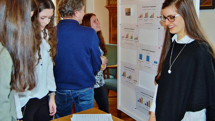 Lea Diez (18) erklärt Mitschülerinnen die Arbeit am Religionsprojekt. Foto: Sigismund von Dobschütz