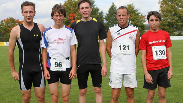 Über sechs Kilometer waren sie die Schnellsten:  von links Jan Wagner (TS Lichtenfels), Lukas Beierlieb (LG Veitenstein), Jan Heusinger (LG Veitenstein), Uwe Philipp (FC Rentweinsdorf) und Patrick Fischer (TV Zeil).