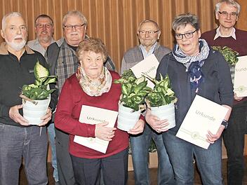 B&uuml;rgermeister J&uuml;rgen Wittmann, Dieter Eckardt (der f&uuml;r seine Frau Helga die Ehrung in Empfang nahm), Vorsitzender Ulrich Kieser, Harald Clarner, Helene Friedrich, Gerhard Kempf, Dagmar Wachter, Karl-Heinz Ble&szlig; und stellvertretende Vorsitzende Renate Br&uuml;ckner (v.l.) Foto: privat