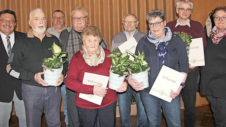 B&uuml;rgermeister J&uuml;rgen Wittmann, Dieter Eckardt (der f&uuml;r seine Frau Helga die Ehrung in Empfang nahm), Vorsitzender Ulrich Kieser, Harald Clarner, Helene Friedrich, Gerhard Kempf, Dagmar Wachter, Karl-Heinz Ble&szlig; und stellvertretende Vorsitzende Renate Br&uuml;ckner (v.l.) Foto: privat