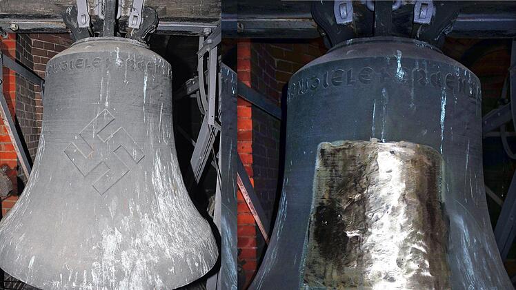 Nach monatelangem Streit um eine aus der NS-Zeit stammende Kirchenglocke, haben Unbekannte jetzt selbst Hand angelegt. Fotos: dpa/Martin Lecher/ Die Harkeeine