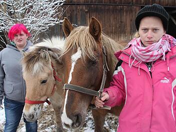Mercedes Kellner (rechts) und Lisa Kofer, die eine Reitbeteiligung im Neuenmarkter Pferdehof hat, mit zwei Pferden, die von Pferdehassern misshandelt worden sein sollen.  Foto: Jürgen Gärtner