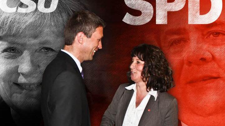 Wird es eine Große Koalition geben? Stefan Müller zeigt sich zuversichtlich, Martina Stamm-Fibich ist sich dagegen nicht ganz so sicher. Illustration: Michael Beetz