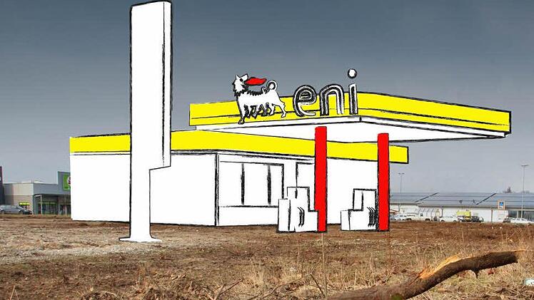 Hier soll eine Tankstelle des italienischen Mineralöl- und Energiekonzerns Eni (Agip) entstehen.  Foto: Josef Hofbauer/Grafik: Alice Barna
