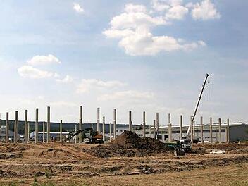 Während die Stützpfeiler für die 100 mal 100 Meter große Logistikhalle der Firma Stürmer im Pettstadter Gewerbegebiet an der Ohmstraße aufgestellt werden, hat der Bauherr bereits die Erweiterung beantragt: Bis Februar 2014 soll noch ein 60 Meter breiter Anbau fertiggestellt werden.   Foto: Werner Baier