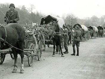Gegen Ende des Zweiten Weltkriegs mussten Millionen von Menschen ihre Heimat in Ost- und S&uuml;dosteuropa verlassen und fl&uuml;chteten nach Deutschland, wie hier eine Gruppe Donauschwaben aus dem damaligen Jugoslawien. Foto: Donauschw&auml;bisches Zentralmuseum