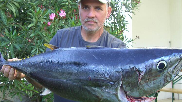 Anglerglück auf der Adria: Thomas Hieke mit einem großen Thunfisch. Fotos: Udo Sell