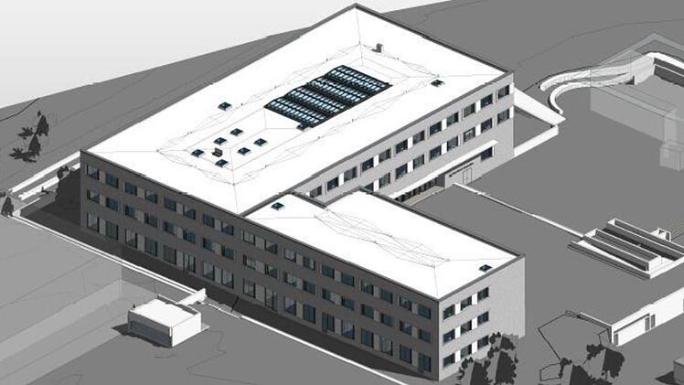Gesamtansicht des neuen Friedrich-Rückert-Gymnasiums in Ebern. Zeichnung: Baur Consult