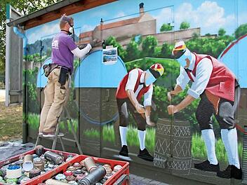 Sprayer Markus Ronge macht aus dem Trafohäuschen ein Kunstwerk, auf dem Büttner und die Plassenburg zu sehen sind. Foto: Sonja Adam