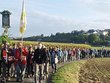 Mehr als 300 Pilger ziehen durch einen Wiesengrund bei Schwebenried.  Foto: Stefan Geiger