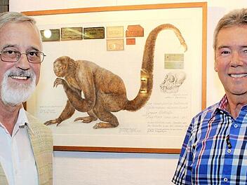 Spix-Kenner Professor Klaus Schönitzer (links) und der Vorsitzende des Höchstadter Spix-Vereins, Herbert Fiederling, vor der Zeichnung "Grauer Wollaffe” der Künstlerin Barbara Ruppel  Foto: Evi Seeger