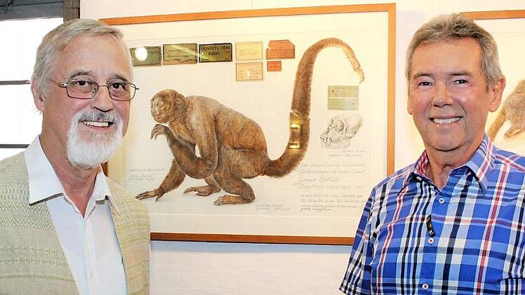 Spix-Kenner Professor Klaus Schönitzer (links) und der Vorsitzende des Höchstadter Spix-Vereins, Herbert Fiederling, vor der Zeichnung "Grauer Wollaffe” der Künstlerin Barbara Ruppel  Foto: Evi Seeger