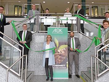 Abstand gehalten und doch miteinander verbunden - Dienstjubiläum in der AOK-Direktion Coburg: oben von links: Norbert Griebel, Regina Friedrich, Heidi Heusinger und Richard Lurz; unten von links: Direktor Christian Grebner, Andreas Schneider, Karin Stahl, Markus Bischoff, Kathrin Klug und Privatkundenbereichsleiter Erwin Englsperger  Foto: Stephan Preisz