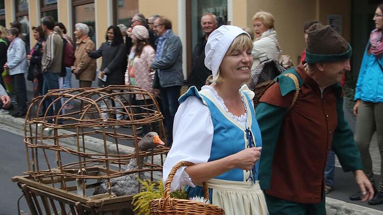 Die Gänse Ferdinand und Isabella haben bei der Familie Kiesel in Rannungen ein schönes Leben. Dreimal im Jahr sind sie die Stars beim Heimatspiel-Umzug in Münnerstadt. Foto: Dieter Britz
