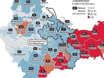 Übersicht über die Nitrat-Werte im Landkreis Bad Kissingen. Grafik: Franziska Schäfer