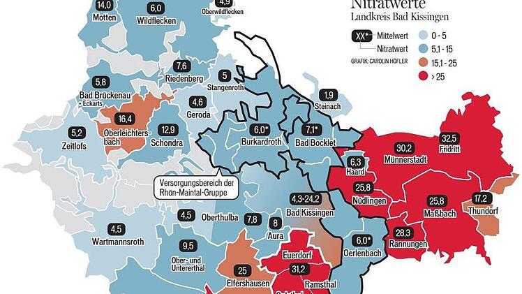 Übersicht über die Nitrat-Werte im Landkreis Bad Kissingen. Grafik: Franziska Schäfer