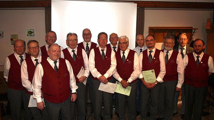Fränkischer Sängerbund (Siegfried Gottwald, 2. von rechts) und Verein (Vorsitzender Klaus Peter, links) zeichneten (weiter von links) Herbert Distler, Stefan Istvan, Kurt Distler, Horst Wenzel, Dieter Dreyer, Rudi Manger, Günther Borst, Berthold Markert, Matthias Kuhn, Willi Schneider, Manfred Niedergesäß und Wilhelm Wahler aus.  Foto: Stefan Geiger
