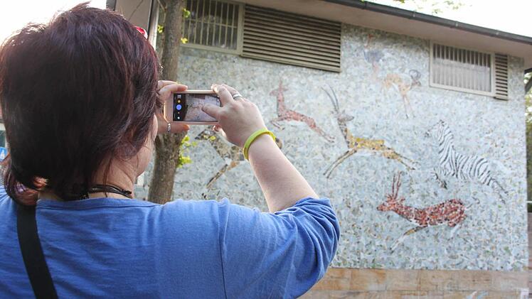 Auf einem Trafohäuschen unweit der Oberen Schule befindet sich ein Tiermosaik. Wer hätte gedacht, dass es vom berühmten Künstler Caspar Walter Rau stammt? Das muss sofort mit dem Smartphone festgehalten werden. Foto: Stephan Stöckel